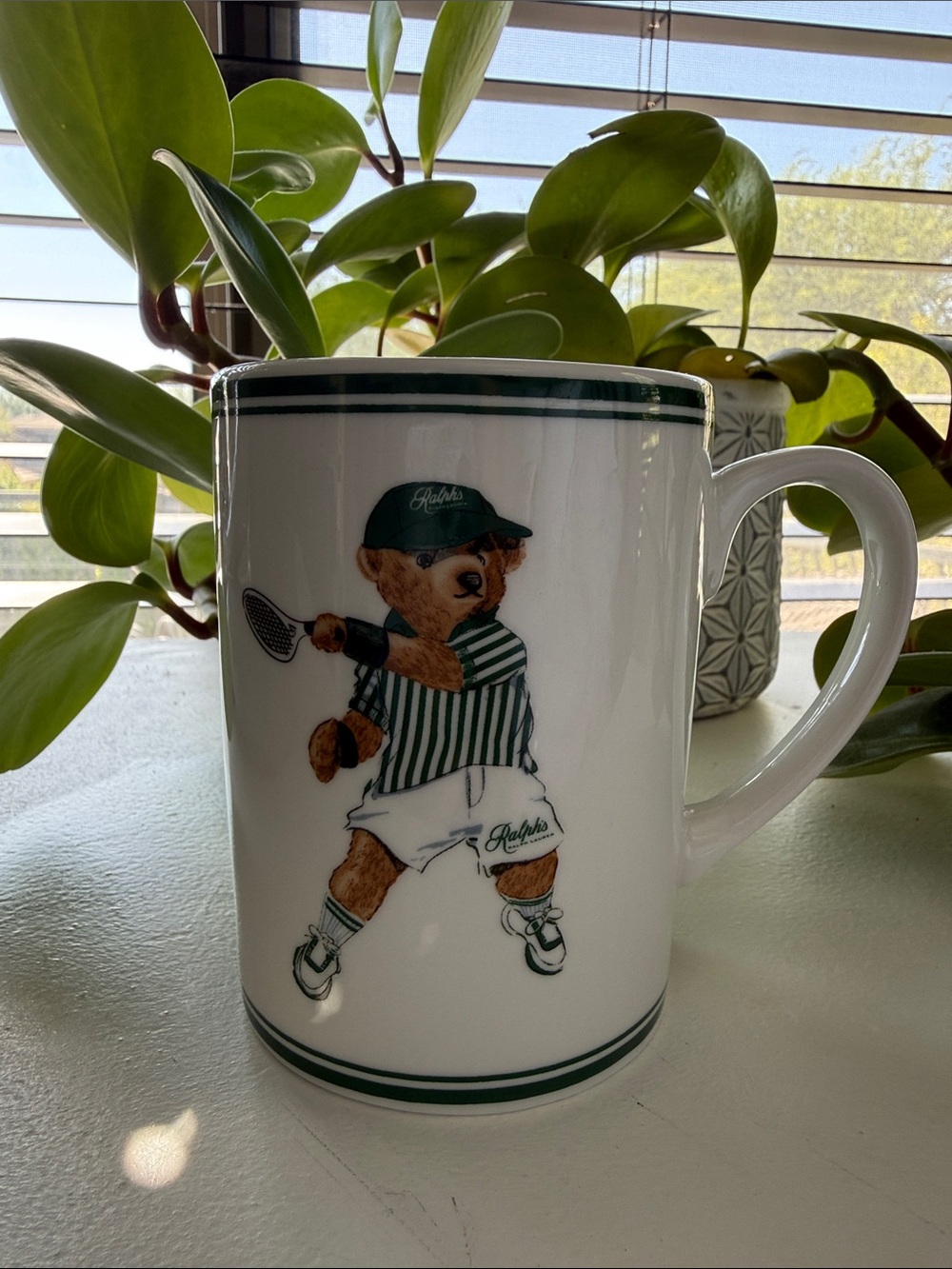 Ralph’s Coffee Polo Bear Tennis Mug Ralph Lauren Green White Cup EUC